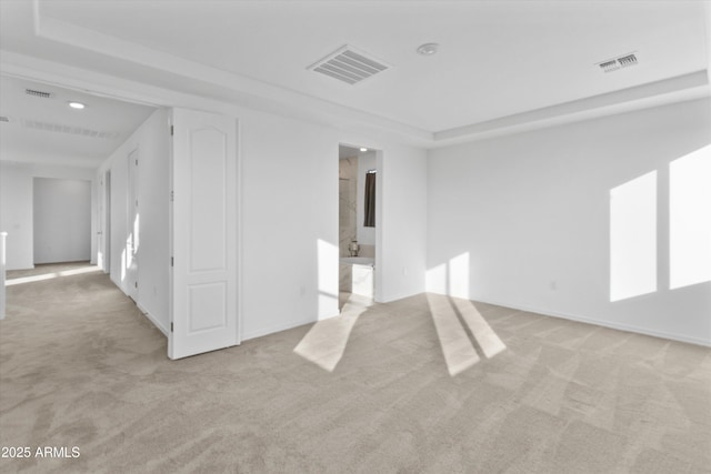 carpeted spare room featuring a tray ceiling