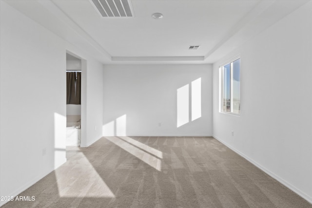 carpeted spare room with a tray ceiling