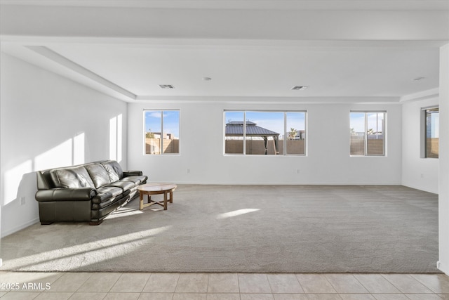 unfurnished living room featuring light colored carpet, plenty of natural light, and a tray ceiling