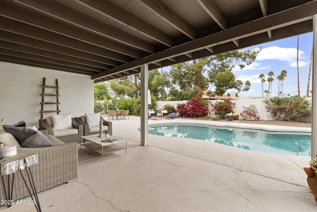 view of pool with a fenced backyard, an outdoor living space, a fenced in pool, and a patio