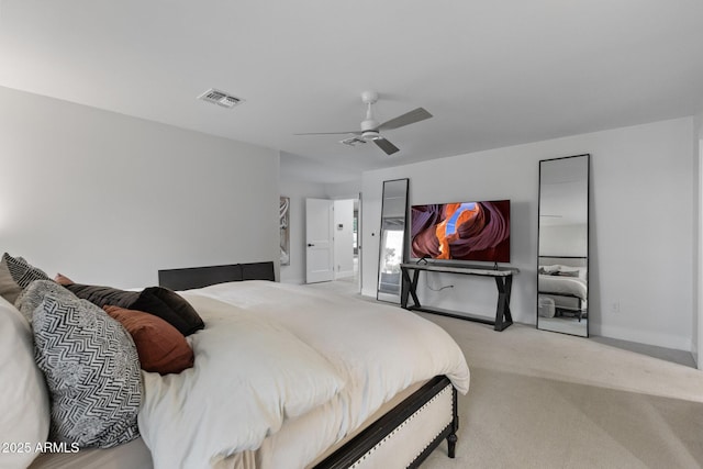 bedroom with a ceiling fan, carpet, visible vents, and baseboards
