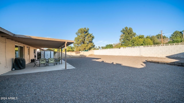 view of yard featuring a patio and a shed