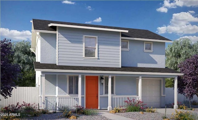 view of front of home with a porch, fence, a garage, and stucco siding