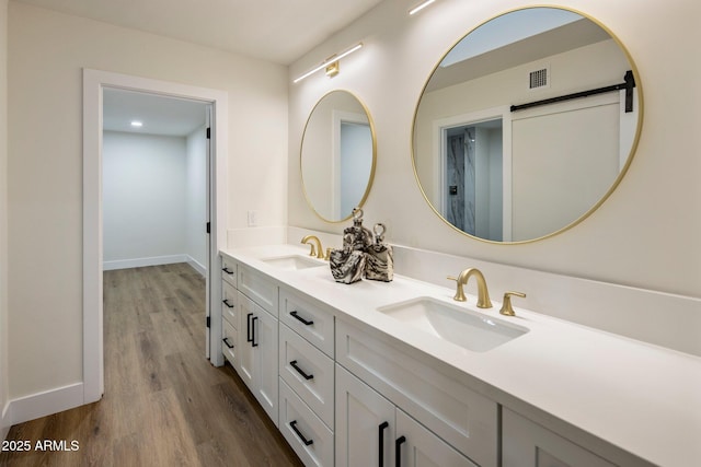 bathroom featuring hardwood / wood-style flooring and vanity