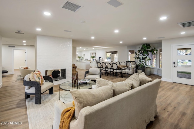 living room featuring light hardwood / wood-style floors and a fireplace