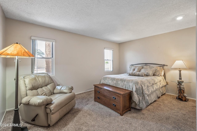 bedroom featuring baseboards, a textured ceiling, and light colored carpet