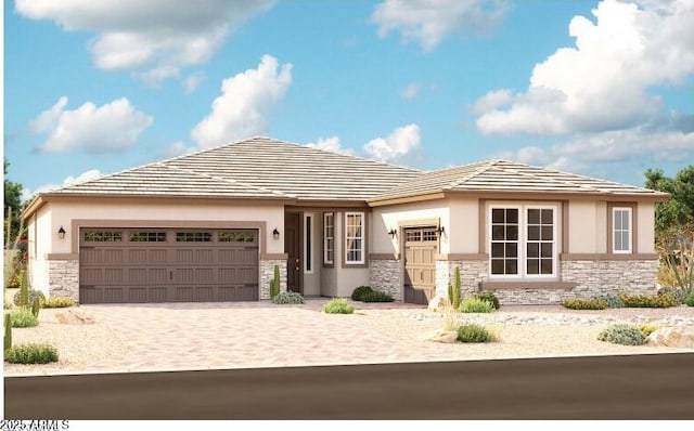 20179 W Monterey Way, Buckeye, AZ 85396 - prairie-style home featuring stone siding, a garage, stucco siding, and decorative driveway