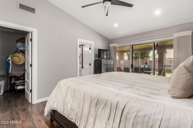 6357 W Potter Dr, Glendale, AZ 85308 - bedroom featuring vaulted ceiling, a spacious closet, dark wood-style flooring, access to outside, and recessed lighting