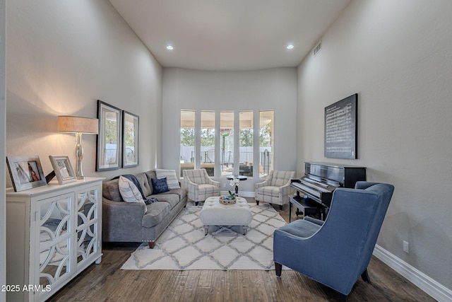 living room with plenty of natural light, a towering ceiling, and wood-type flooring