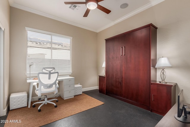 home office featuring crown molding, a ceiling fan, visible vents, and baseboards
