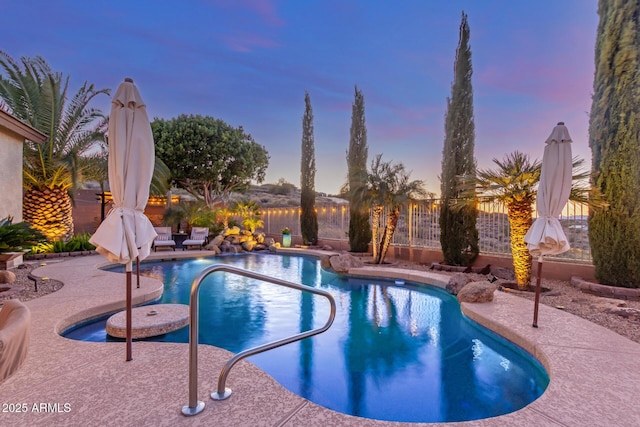 view of swimming pool featuring a fenced in pool, a patio, and fence