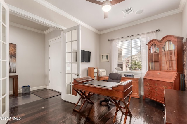office with visible vents, crown molding, dark wood finished floors, french doors, and a ceiling fan