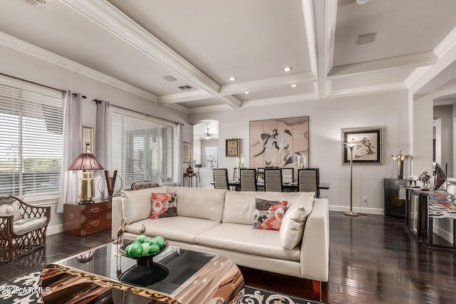 living area with baseboards, coffered ceiling, dark wood finished floors, beam ceiling, and crown molding