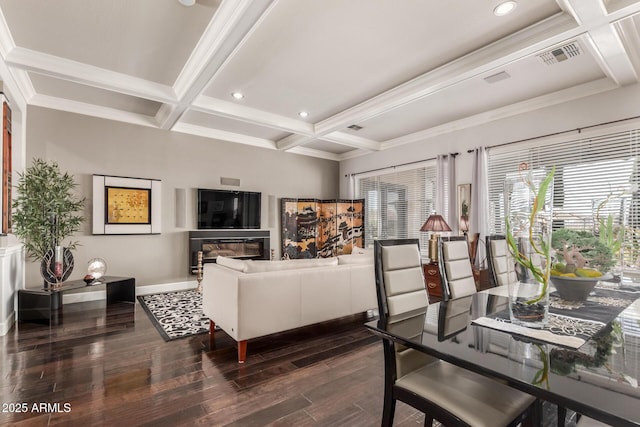 living area with visible vents, baseboards, beamed ceiling, dark wood-style floors, and coffered ceiling