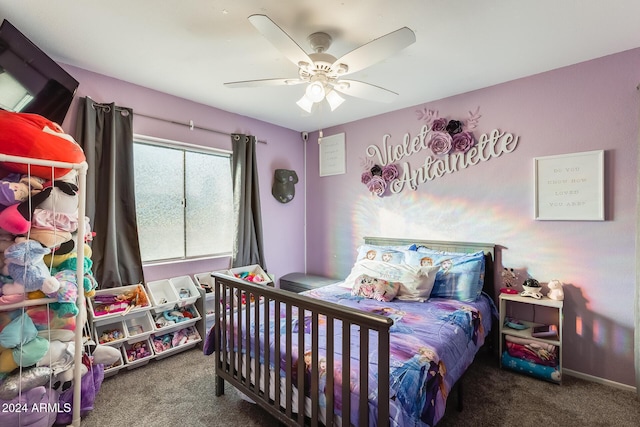 bedroom with carpet flooring and ceiling fan