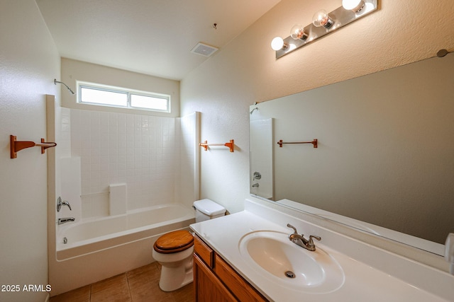 bathroom with shower / bath combination, visible vents, toilet, tile patterned flooring, and vanity