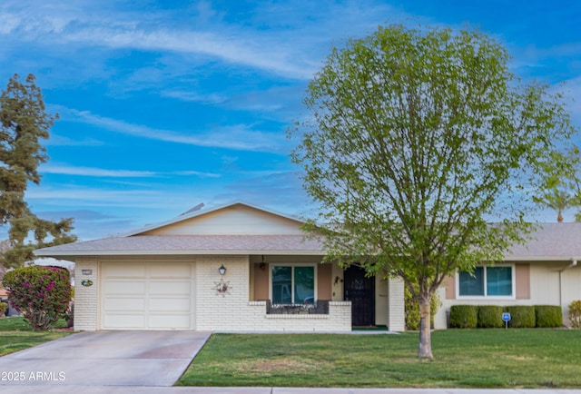 ranch-style home with covered porch, a garage, brick siding, a front lawn, and driveway
