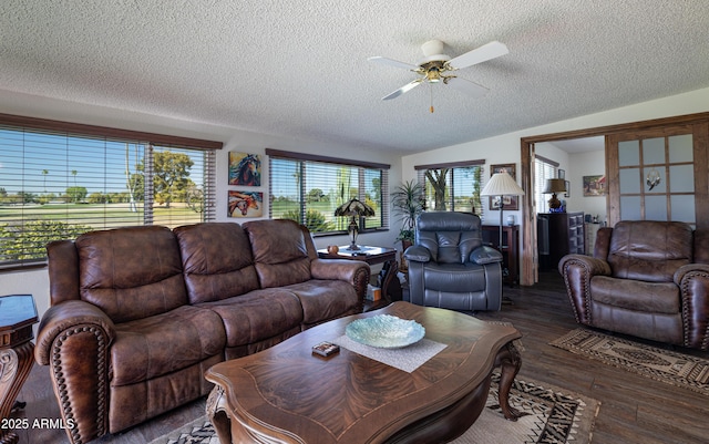 living area with a textured ceiling, wood finished floors, and a ceiling fan