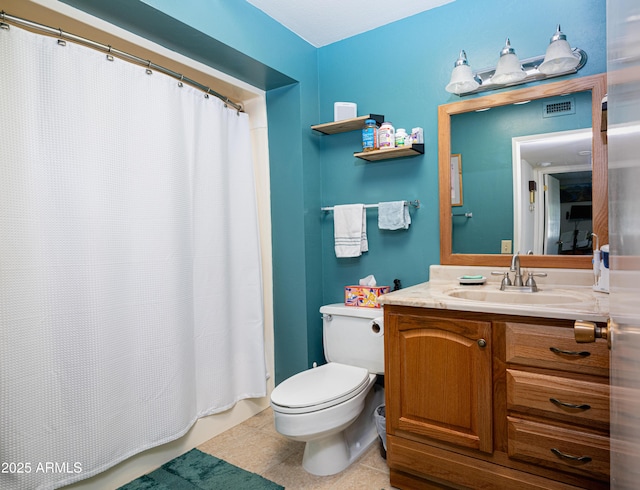 full bathroom with curtained shower, tile patterned flooring, toilet, vanity, and visible vents