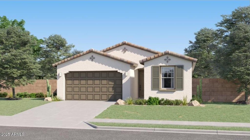 mediterranean / spanish-style home featuring a garage and a front yard