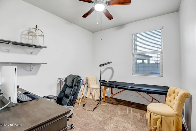 office with ceiling fan and light carpet