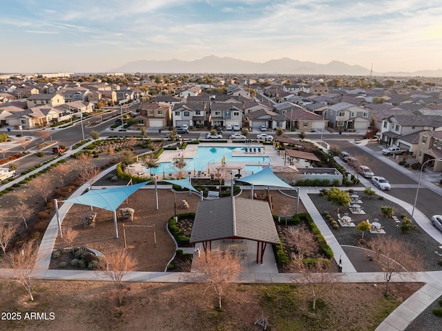 aerial view at dusk with a mountain view