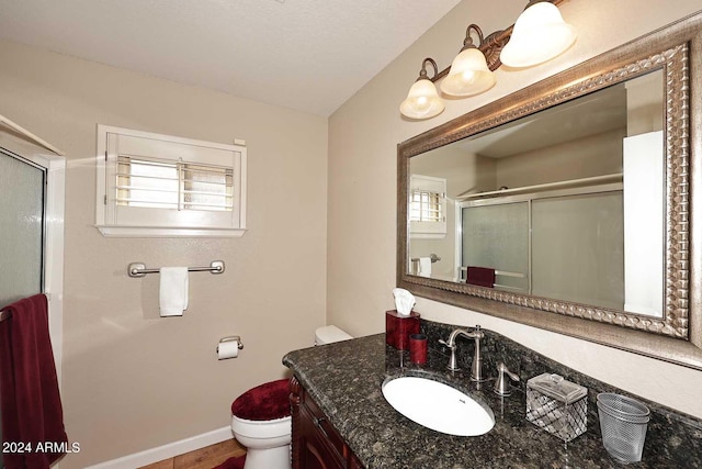 bathroom featuring a shower with door, toilet, a healthy amount of sunlight, and vanity