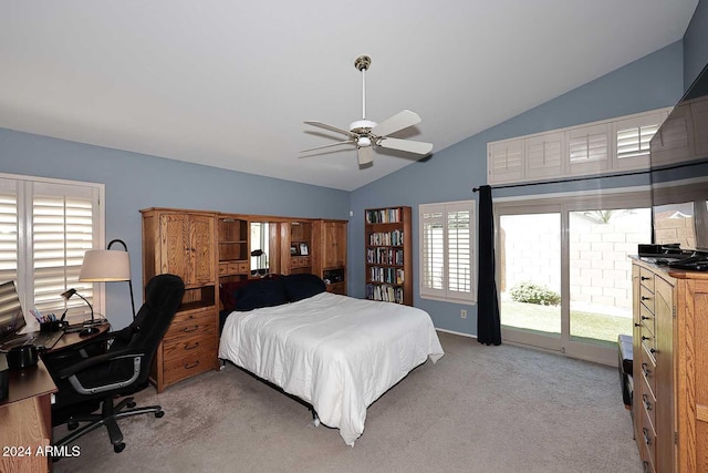 bedroom with ceiling fan, lofted ceiling, light colored carpet, and access to exterior