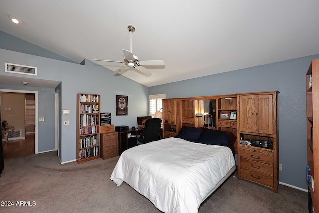 carpeted bedroom with lofted ceiling and ceiling fan