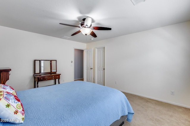 bedroom with light carpet and ceiling fan