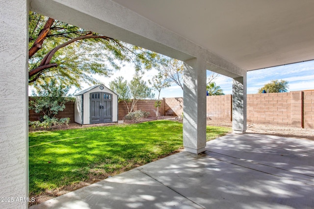 view of patio / terrace featuring a storage unit