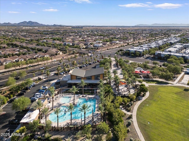 birds eye view of property with a residential view and a mountain view