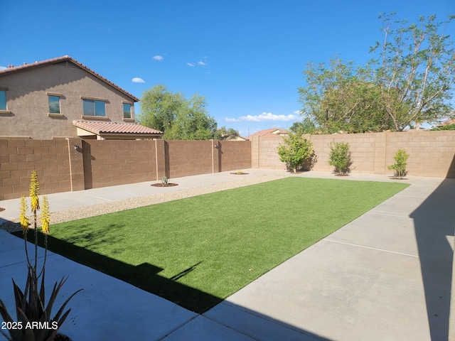 view of yard featuring a patio and a fenced backyard