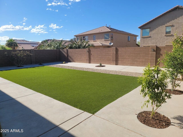 view of yard featuring a patio and a fenced backyard
