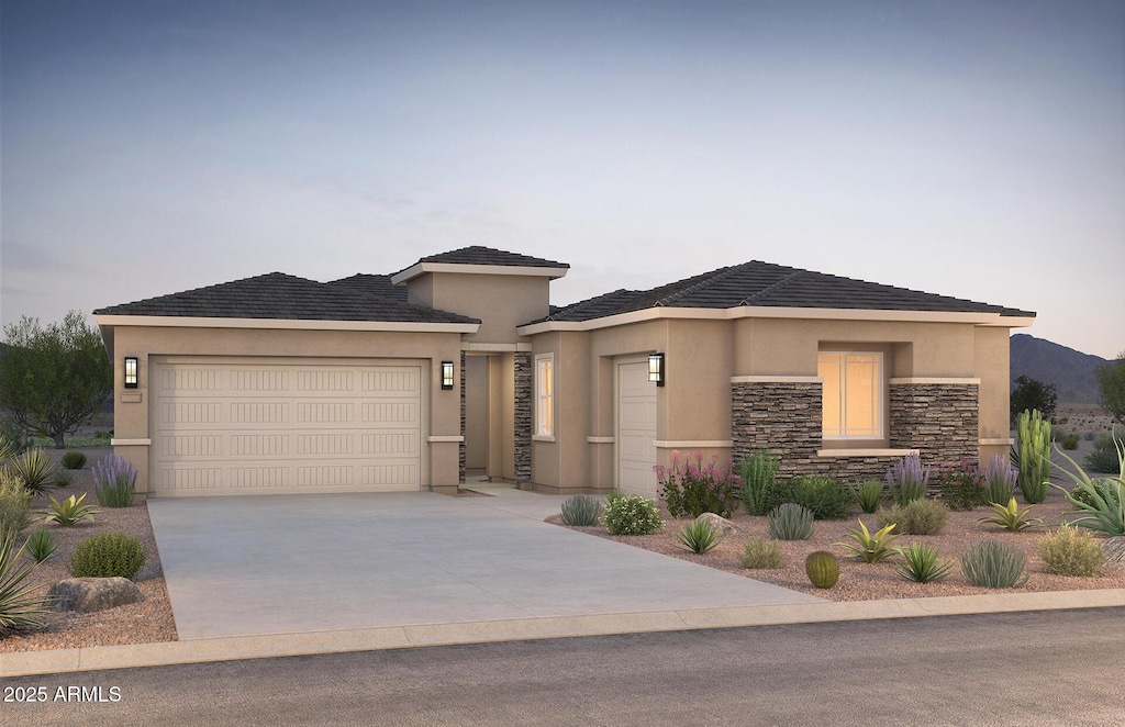 18225 E Colt Dr, Queen Creek, AZ 85142 - prairie-style house with a garage, concrete driveway, stucco siding, and stone siding