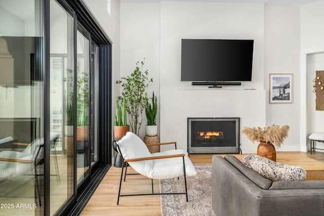 living area featuring a warm lit fireplace and light wood-style floors