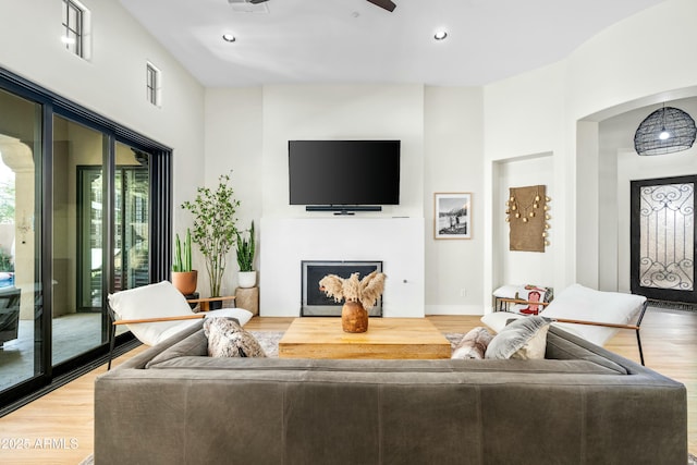 living area with recessed lighting, a fireplace, and wood finished floors