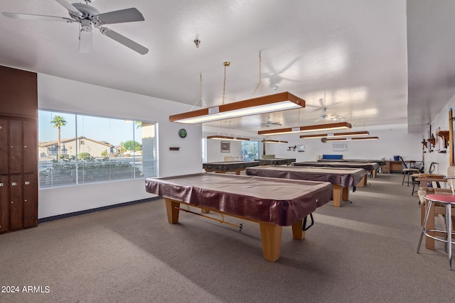 recreation room featuring billiards, carpet floors, and ceiling fan