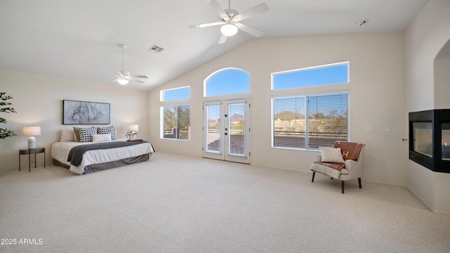 bedroom with visible vents, high vaulted ceiling, a ceiling fan, and access to outside