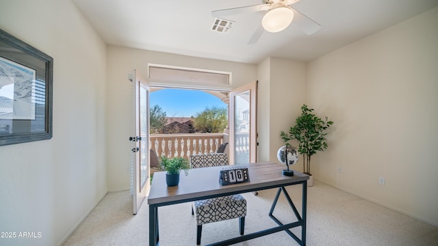 home office with visible vents, baseboards, and ceiling fan