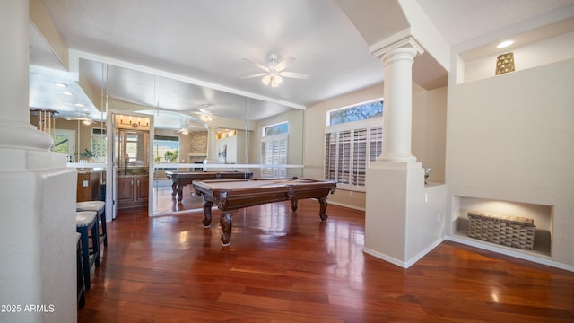 rec room with pool table, ceiling fan, baseboards, wood finished floors, and ornate columns