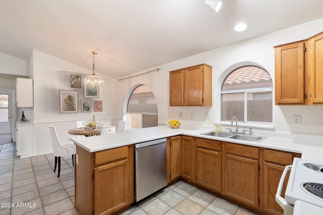 kitchen with sink, hanging light fixtures, stainless steel dishwasher, white range with electric stovetop, and kitchen peninsula