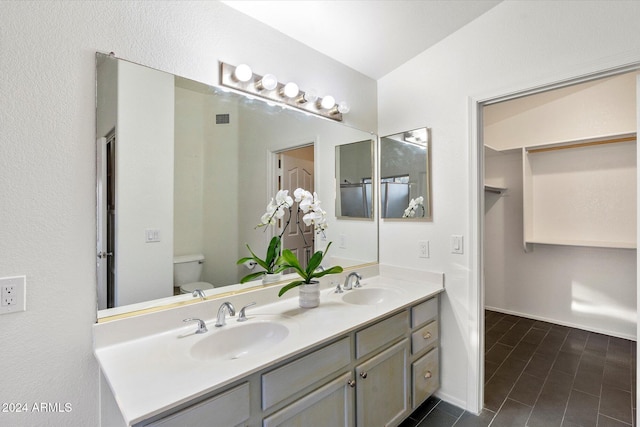 bathroom featuring vanity, lofted ceiling, and toilet