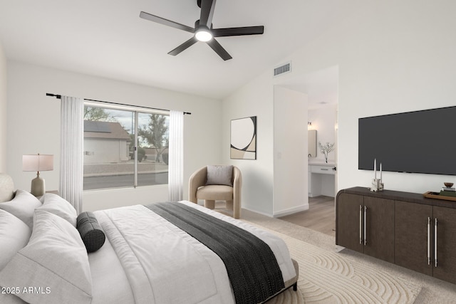 bedroom featuring visible vents, ceiling fan, baseboards, light wood-type flooring, and lofted ceiling