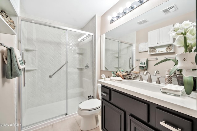 bathroom featuring tile patterned flooring, vanity, toilet, and walk in shower