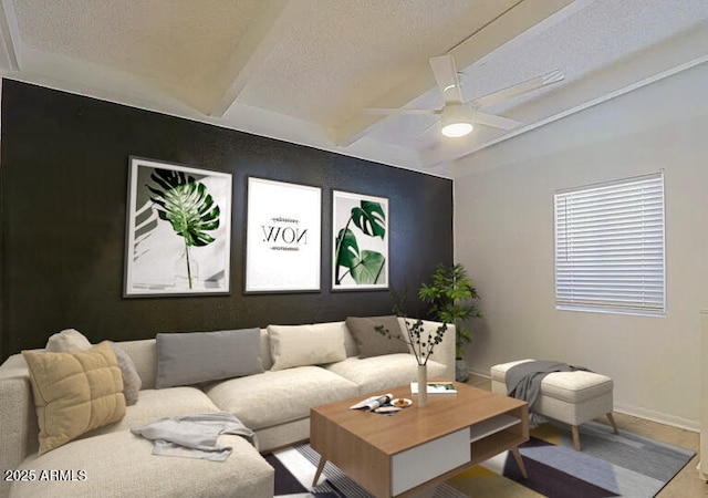 living room featuring ceiling fan, lofted ceiling with beams, and a textured ceiling