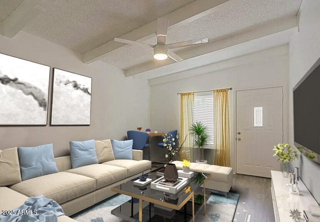 living room featuring ceiling fan, beam ceiling, hardwood / wood-style floors, and a textured ceiling