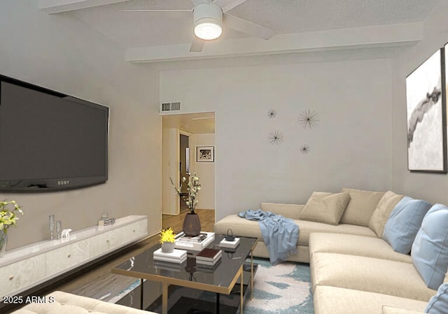 living room featuring lofted ceiling with beams, hardwood / wood-style floors, and ceiling fan