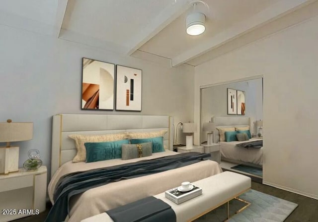 bedroom featuring dark wood-type flooring and vaulted ceiling with beams