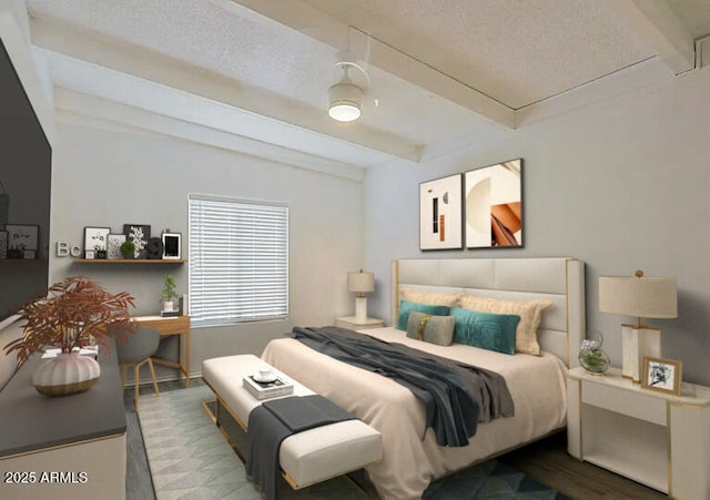 bedroom with beam ceiling and a textured ceiling